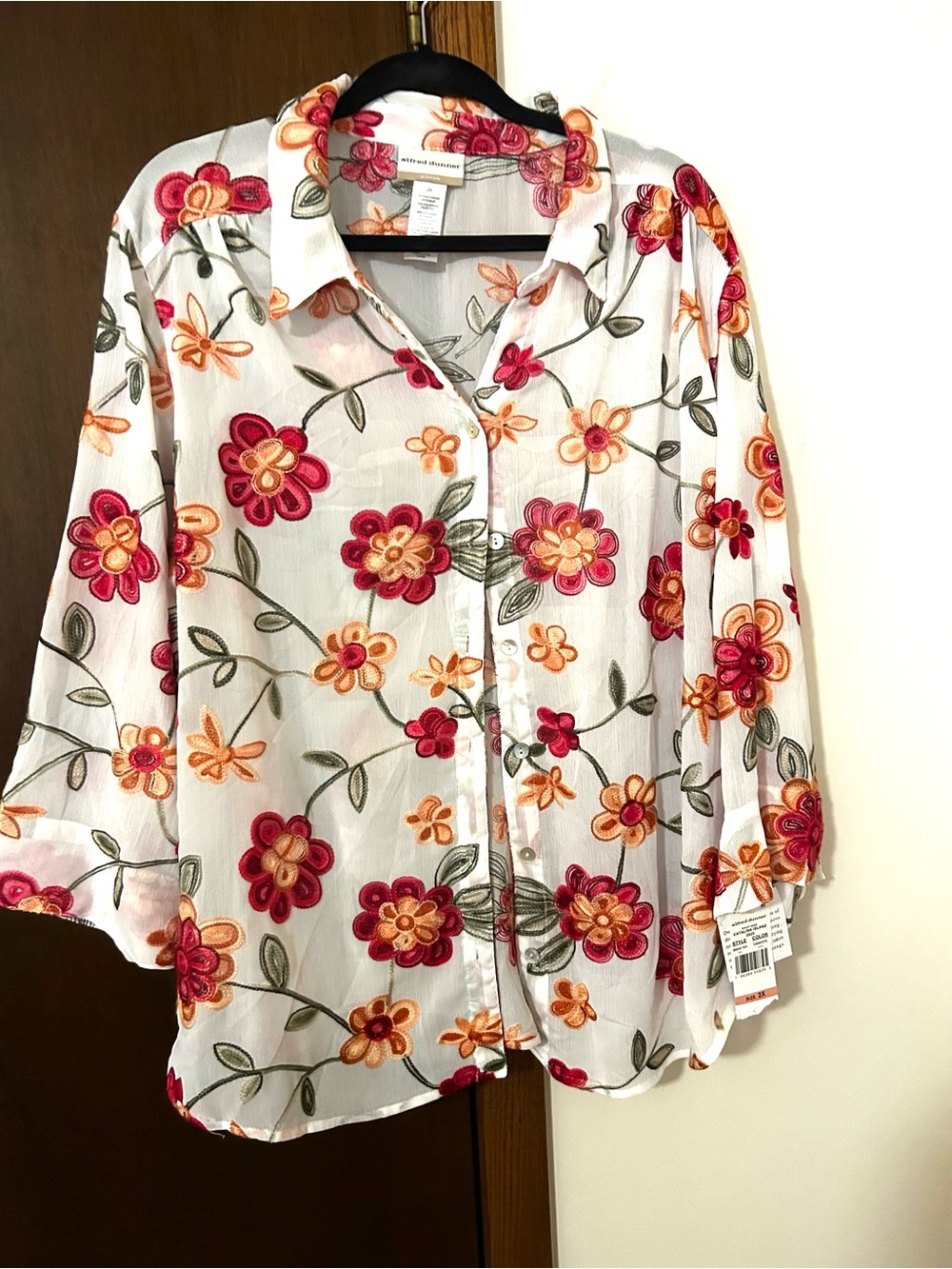 Alfred Dunner Embroidered White Button-Front Blouse - Pink & Orange Flowers
